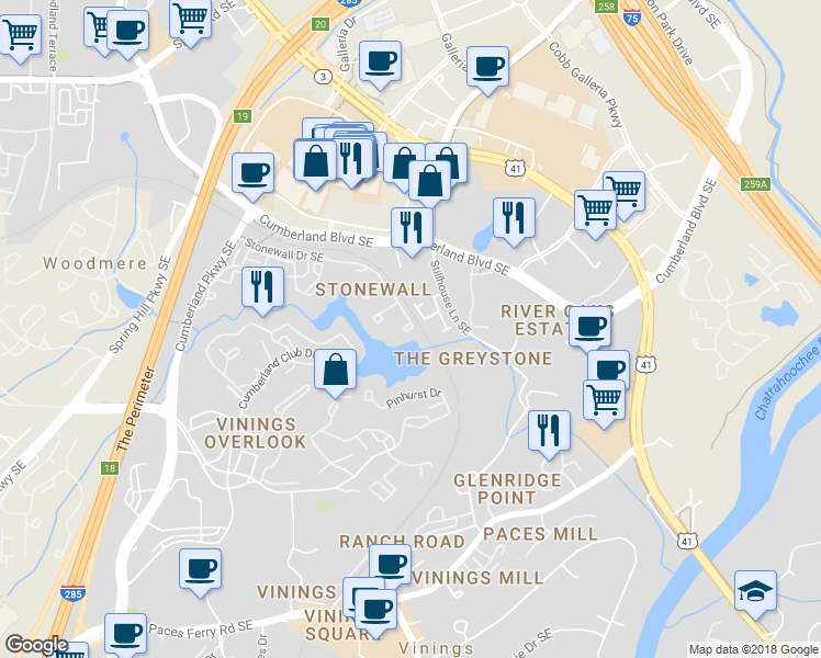 map of restaurants, bars, coffee shops, grocery stores, and more near 3812 Stonewall Terrace Southeast in Atlanta