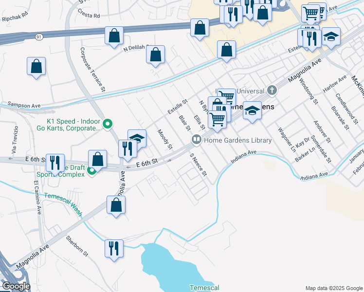 map of restaurants, bars, coffee shops, grocery stores, and more near 13801 Magnolia Avenue in Corona