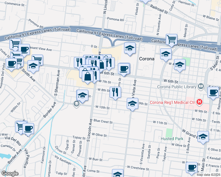 map of restaurants, bars, coffee shops, grocery stores, and more near 1038 West 8th Street in Corona