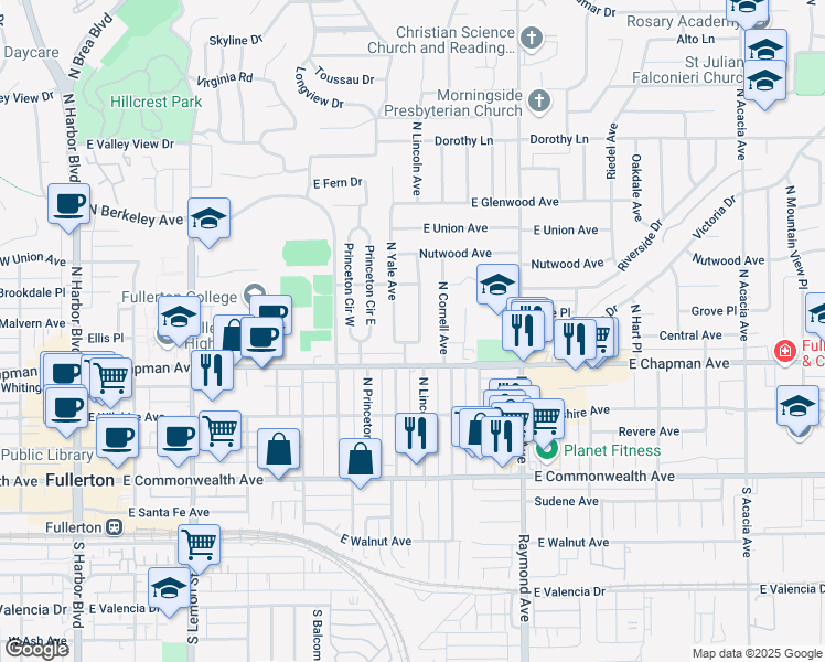 map of restaurants, bars, coffee shops, grocery stores, and more near 505 North Yale Avenue in Fullerton