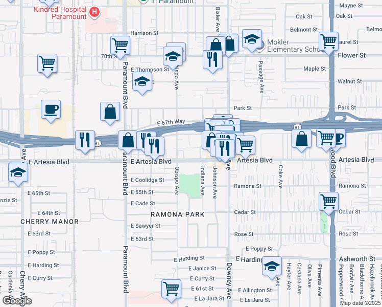 map of restaurants, bars, coffee shops, grocery stores, and more near 3232 East Artesia Boulevard in Long Beach