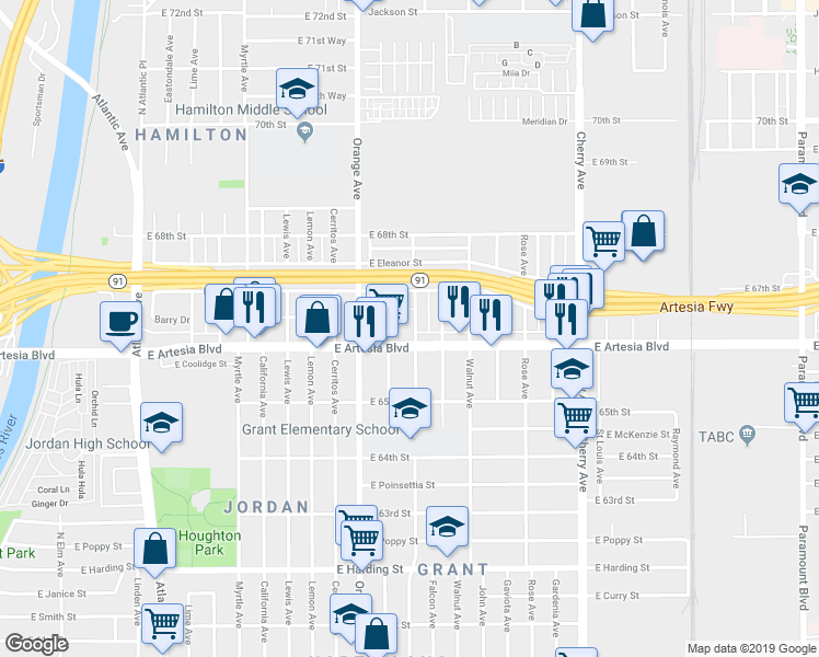 map of restaurants, bars, coffee shops, grocery stores, and more near 1304 East Artesia Boulevard in Long Beach