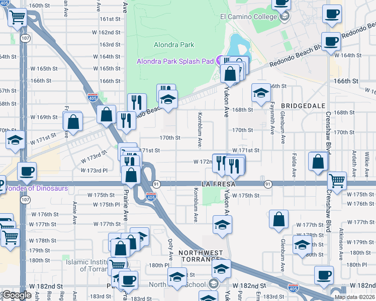 map of restaurants, bars, coffee shops, grocery stores, and more near 3717 West 172nd Street in Torrance
