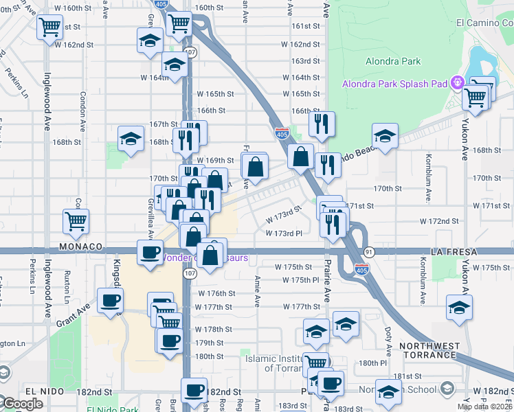 map of restaurants, bars, coffee shops, grocery stores, and more near 7205 Amie Avenue in Torrance