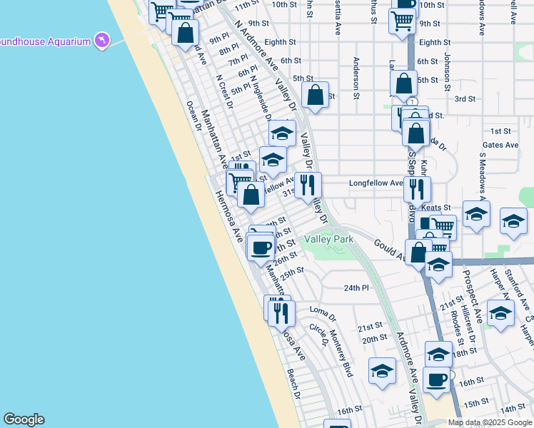 map of restaurants, bars, coffee shops, grocery stores, and more near 318 29th Court in Hermosa Beach