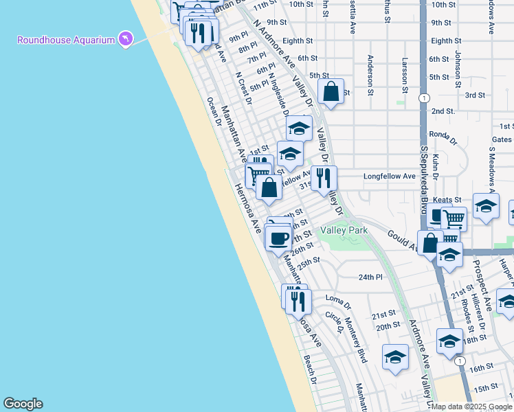 map of restaurants, bars, coffee shops, grocery stores, and more near in Hermosa Beach