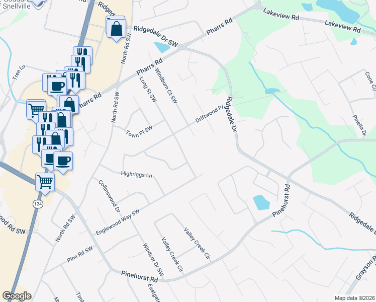 map of restaurants, bars, coffee shops, grocery stores, and more near 2016 Long Street Southwest in Snellville