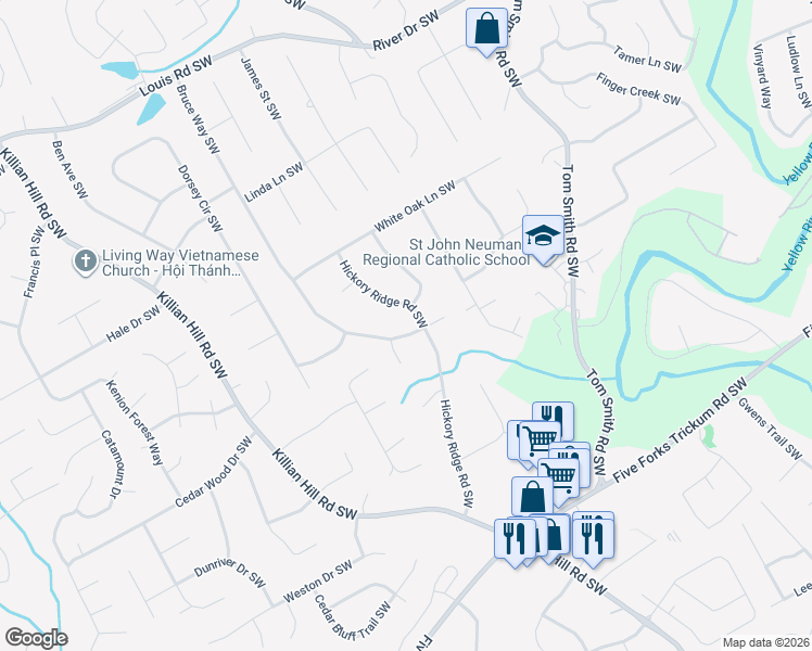 map of restaurants, bars, coffee shops, grocery stores, and more near 756 Bruce Way Southwest in Lilburn