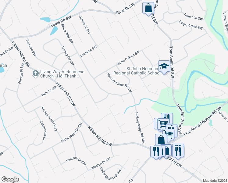 map of restaurants, bars, coffee shops, grocery stores, and more near 706 Bruce Way Southwest in Lilburn