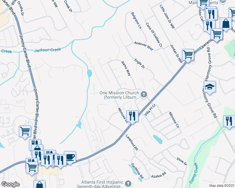 map of restaurants, bars, coffee shops, grocery stores, and more near 6030 Grovegate Lane in Tucker