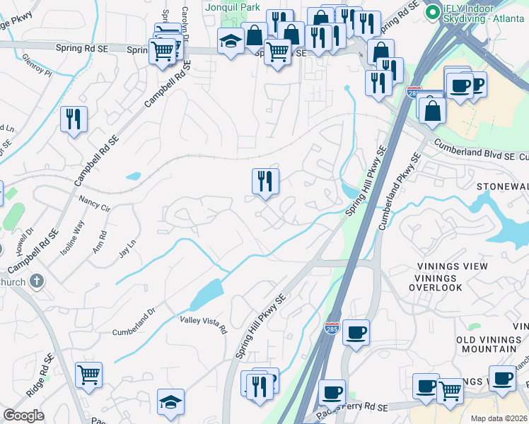 map of restaurants, bars, coffee shops, grocery stores, and more near 1907 Cumberland Court Southeast in Smyrna