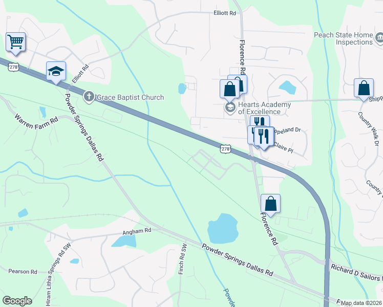 map of restaurants, bars, coffee shops, grocery stores, and more near 3391 Thornbridge Drive in Powder Springs