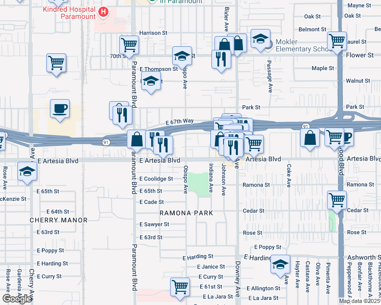 map of restaurants, bars, coffee shops, grocery stores, and more near 3232 East Artesia Boulevard in Long Beach