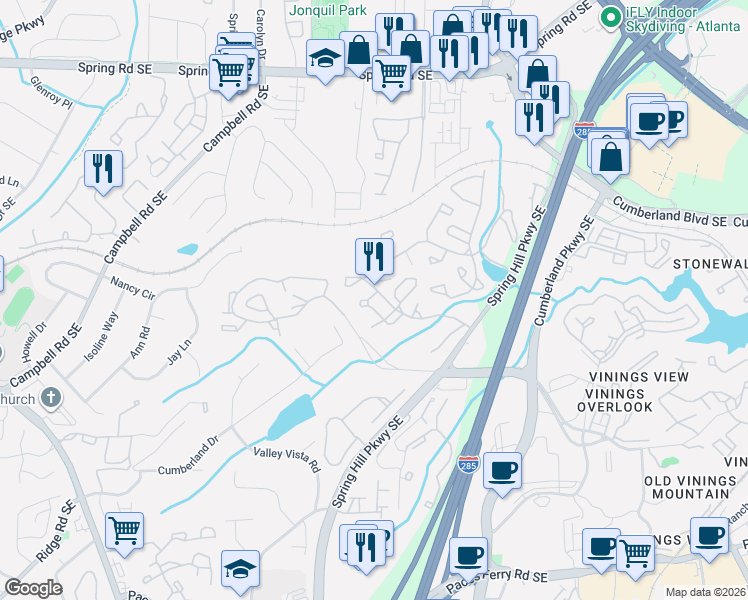 map of restaurants, bars, coffee shops, grocery stores, and more near 1907 Cumberland Court Southeast in Smyrna