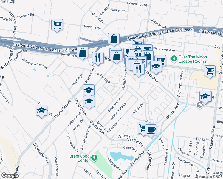 map of restaurants, bars, coffee shops, grocery stores, and more near 860 Encino Place in Corona
