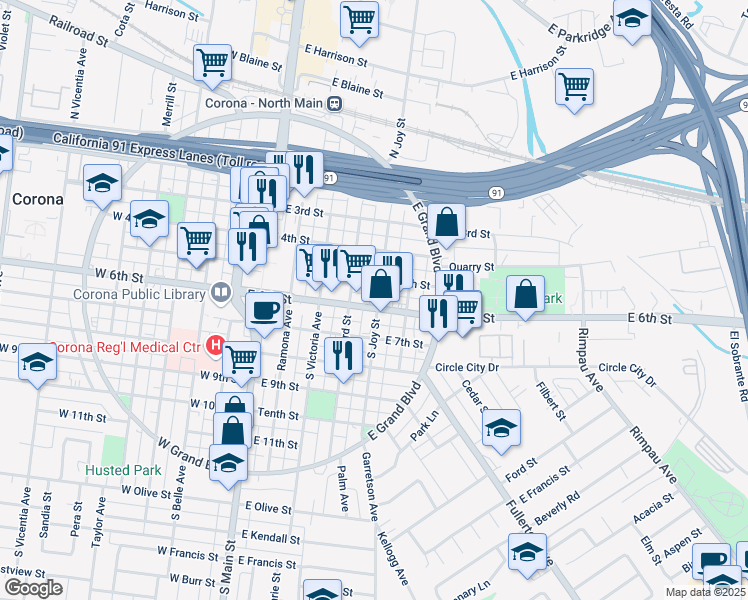 map of restaurants, bars, coffee shops, grocery stores, and more near 510 East 6th Street in Corona