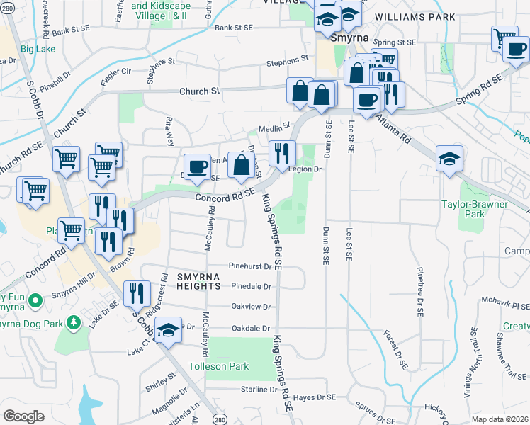 map of restaurants, bars, coffee shops, grocery stores, and more near 3220 King Springs Road Southeast in Smyrna
