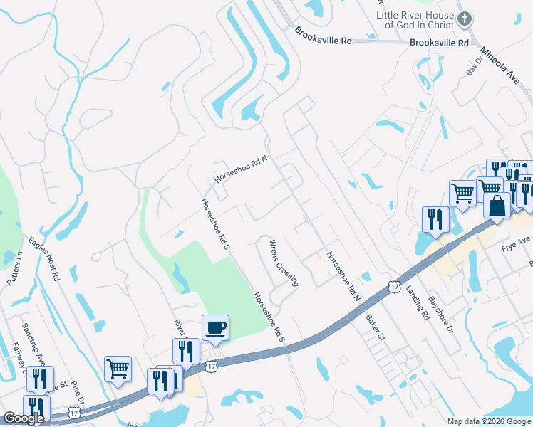 map of restaurants, bars, coffee shops, grocery stores, and more near 3952 Horseshoe Road North in Little River