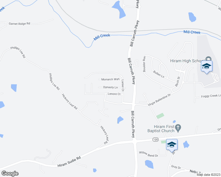 map of restaurants, bars, coffee shops, grocery stores, and more near 107 Dynasty Lane in Hiram