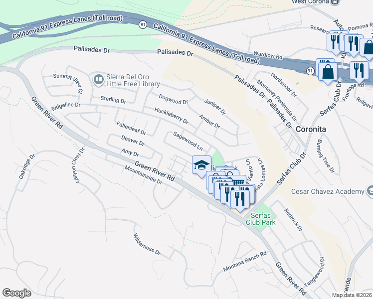 map of restaurants, bars, coffee shops, grocery stores, and more near 3140 Castelar Court in Corona