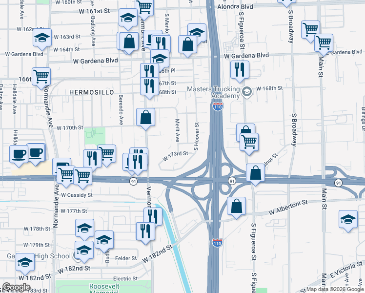 map of restaurants, bars, coffee shops, grocery stores, and more near 806 West 173rd Street in Gardena