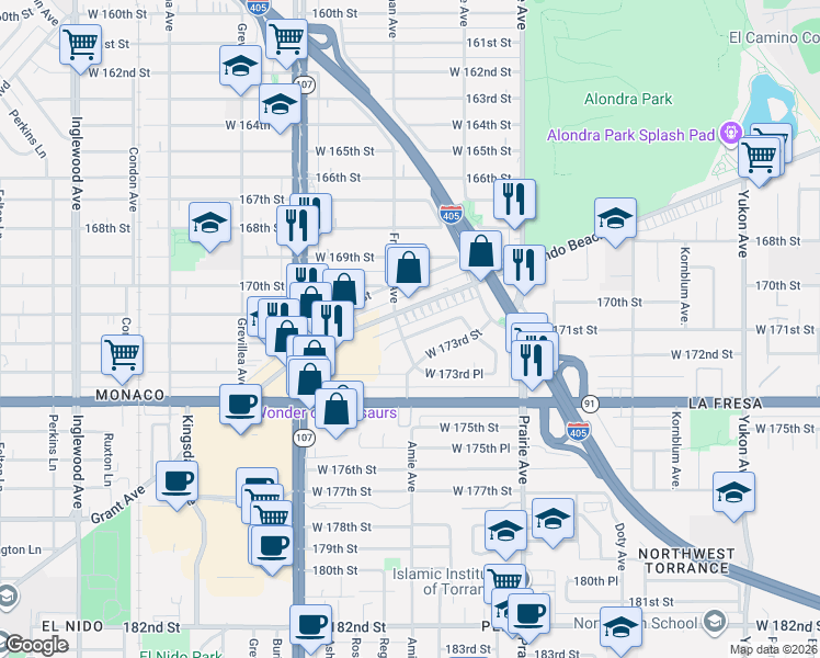 map of restaurants, bars, coffee shops, grocery stores, and more near 7205 Amie Avenue in Torrance
