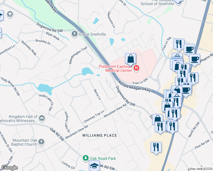 map of restaurants, bars, coffee shops, grocery stores, and more near 2055 Glenhurst Drive in Snellville