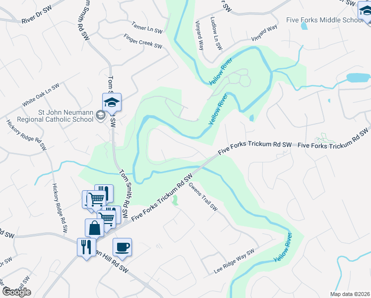 map of restaurants, bars, coffee shops, grocery stores, and more near 636 East River Bend Drive Southwest in Lilburn