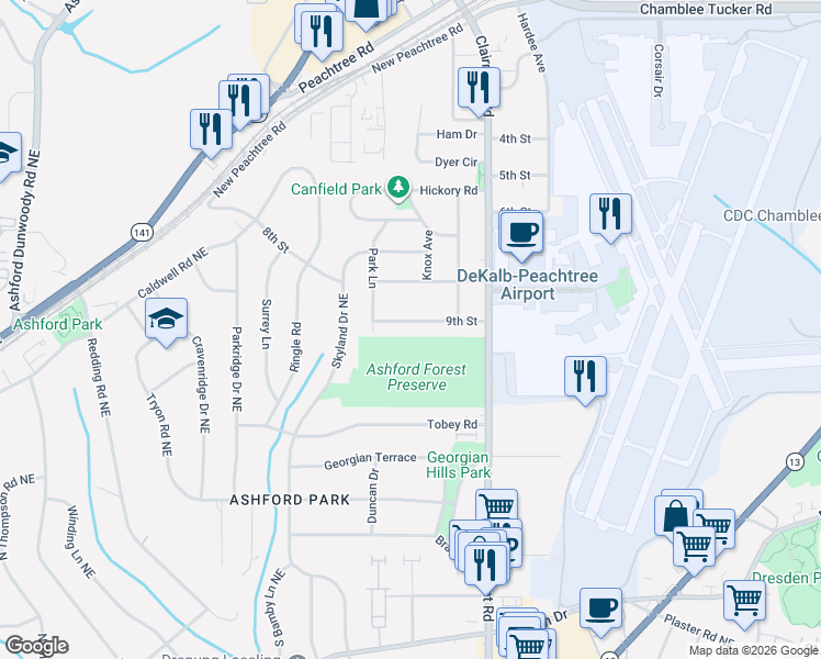 map of restaurants, bars, coffee shops, grocery stores, and more near 3890 Clairmont Road in Chamblee