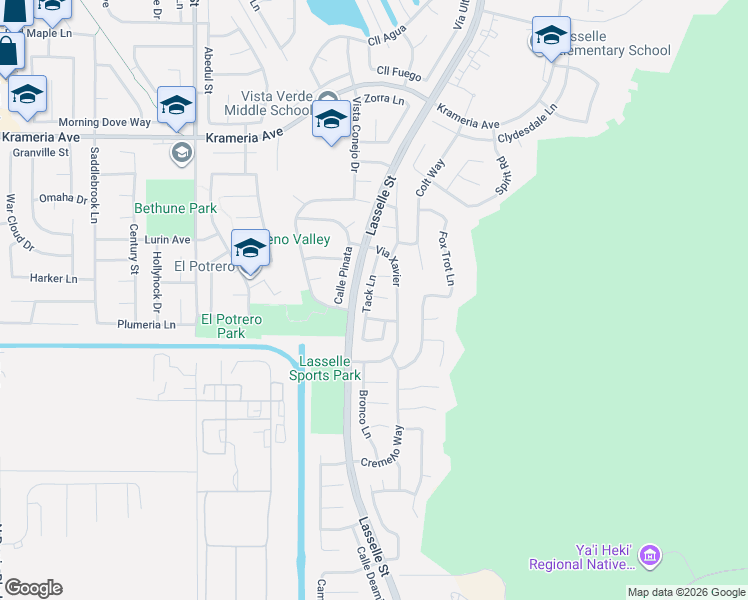 map of restaurants, bars, coffee shops, grocery stores, and more near 16960 Tack Lane in Moreno Valley