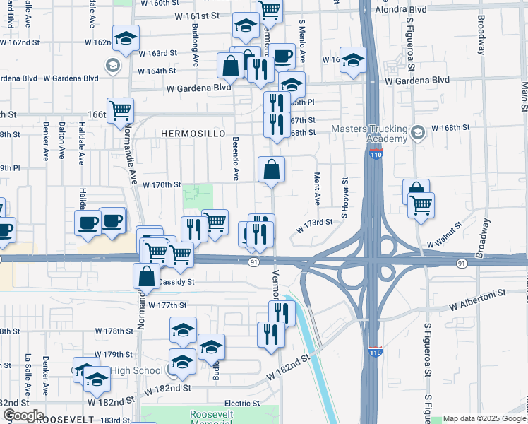 map of restaurants, bars, coffee shops, grocery stores, and more near 17057 South Vermont Avenue in Gardena
