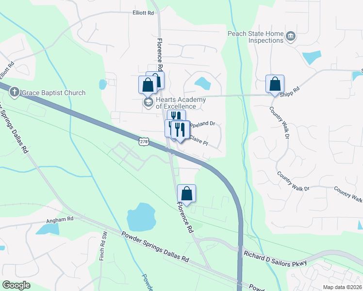 map of restaurants, bars, coffee shops, grocery stores, and more near 3200 Hopeland Industrial Drive in Powder Springs