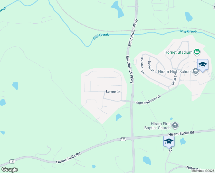 map of restaurants, bars, coffee shops, grocery stores, and more near 119 Dynasty Lane in Hiram