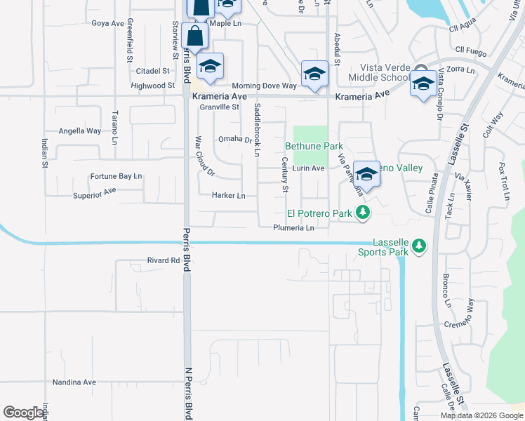 map of restaurants, bars, coffee shops, grocery stores, and more near 25212 Slate Creek Drive in Moreno Valley