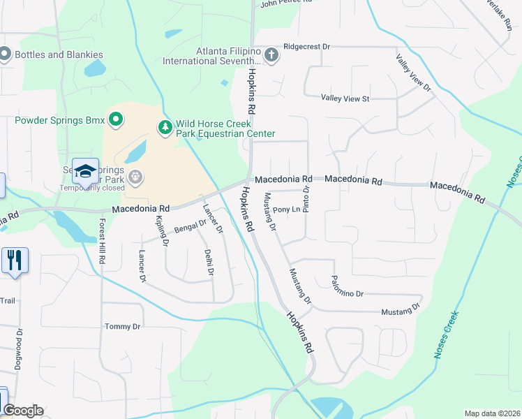 map of restaurants, bars, coffee shops, grocery stores, and more near 3241 Hopkins Road in Powder Springs