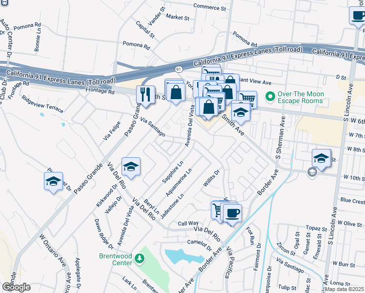 map of restaurants, bars, coffee shops, grocery stores, and more near 811 Live Oak Place in Corona