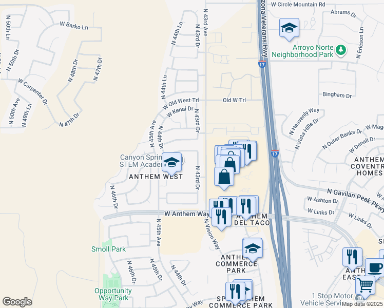 map of restaurants, bars, coffee shops, grocery stores, and more near 42928 North 43rd Drive in Phoenix
