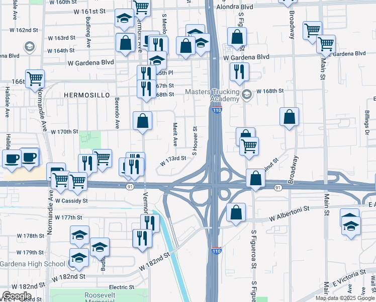 map of restaurants, bars, coffee shops, grocery stores, and more near 710 West 172nd Street in Gardena
