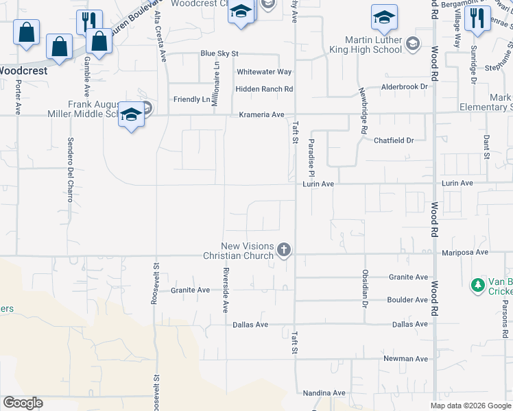 map of restaurants, bars, coffee shops, grocery stores, and more near 18355 Park Mountain Dr in Riverside