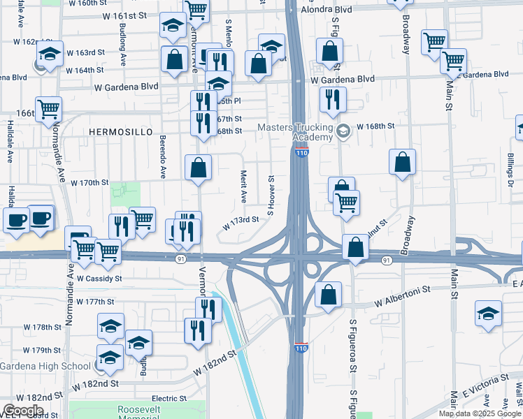 map of restaurants, bars, coffee shops, grocery stores, and more near 710 West 172nd Street in Gardena