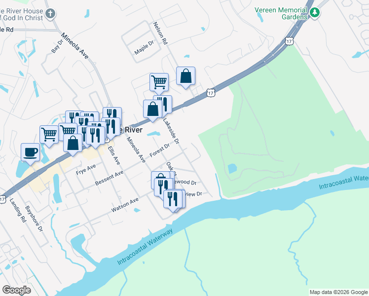 map of restaurants, bars, coffee shops, grocery stores, and more near 4406 Lakeside Drive in Little River