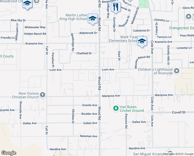 map of restaurants, bars, coffee shops, grocery stores, and more near 9654 Honeyberry Lane in Riverside