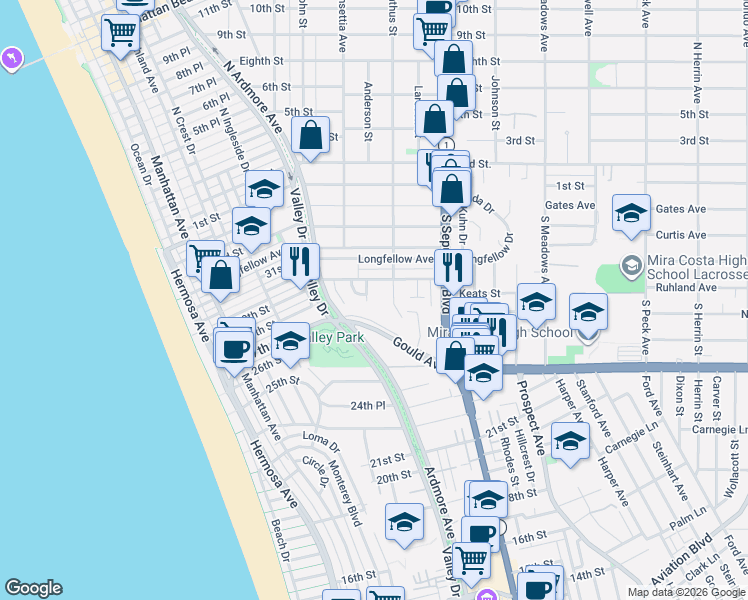 map of restaurants, bars, coffee shops, grocery stores, and more near 615 Gould Terrace in Hermosa Beach