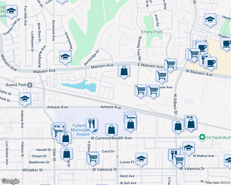 map of restaurants, bars, coffee shops, grocery stores, and more near 57 Bayview Drive in Buena Park