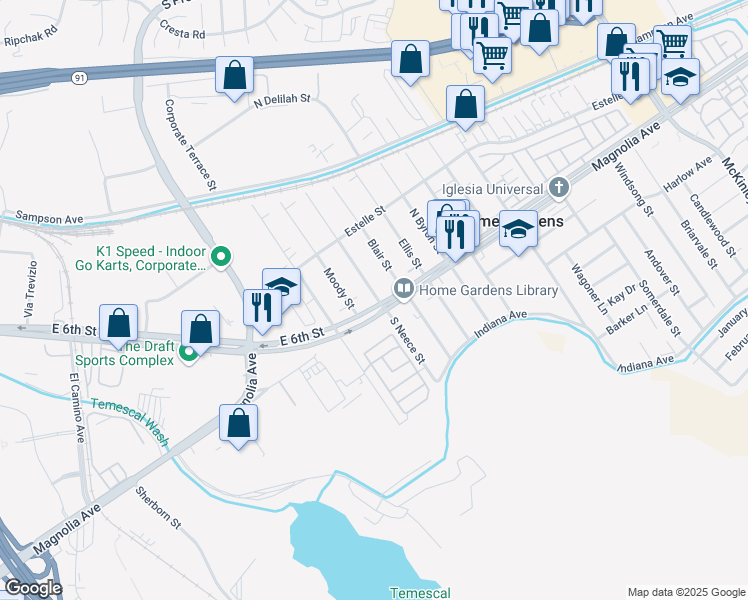 map of restaurants, bars, coffee shops, grocery stores, and more near 13801 Magnolia Avenue in Corona