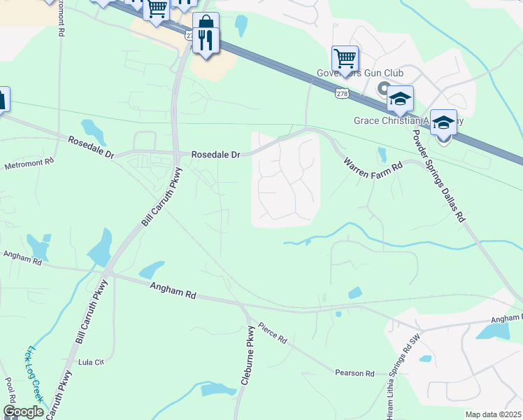 map of restaurants, bars, coffee shops, grocery stores, and more near 14 Braemore Court in Hiram