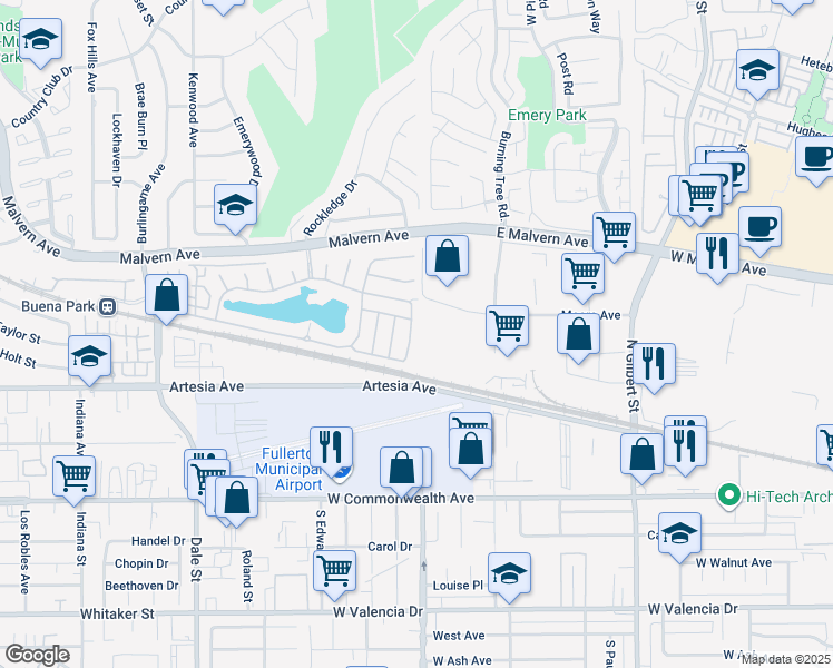 map of restaurants, bars, coffee shops, grocery stores, and more near 57 Bayview Drive in Buena Park