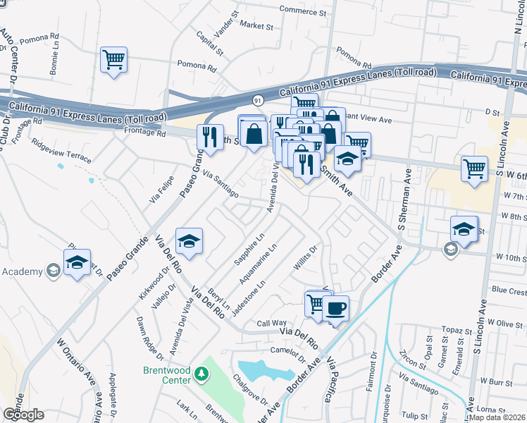map of restaurants, bars, coffee shops, grocery stores, and more near 811 Live Oak Place in Corona