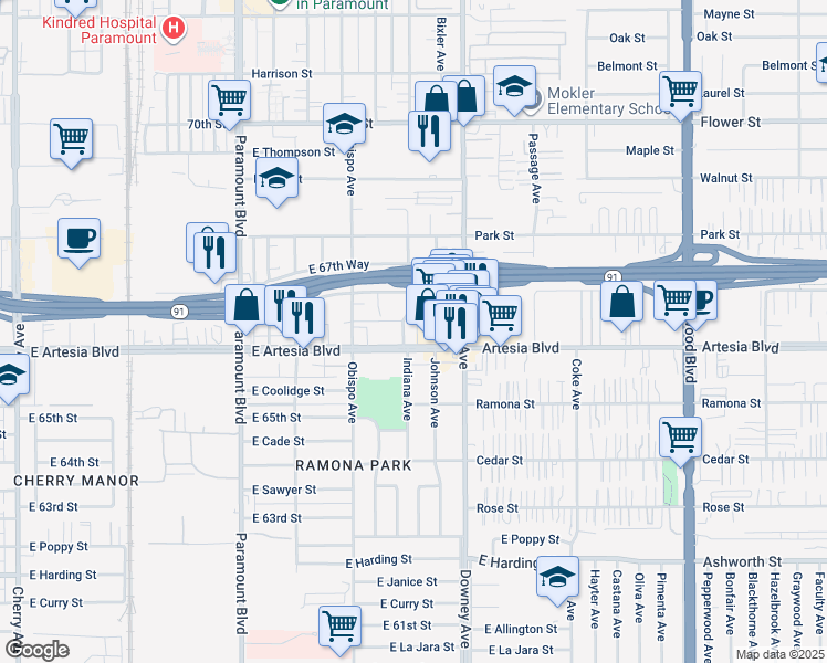 map of restaurants, bars, coffee shops, grocery stores, and more near 6660 Indiana Avenue in Long Beach