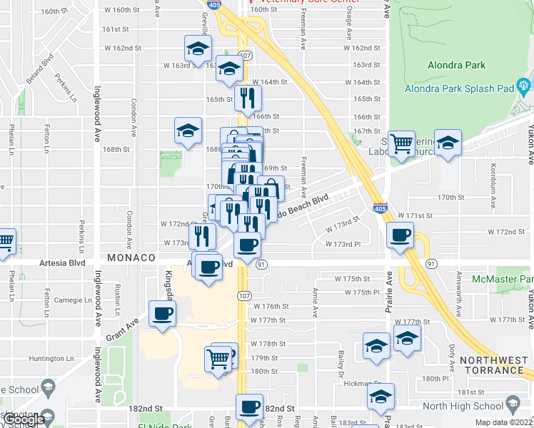 map of restaurants, bars, coffee shops, grocery stores, and more near 4313 Redondo Beach Boulevard in Lawndale